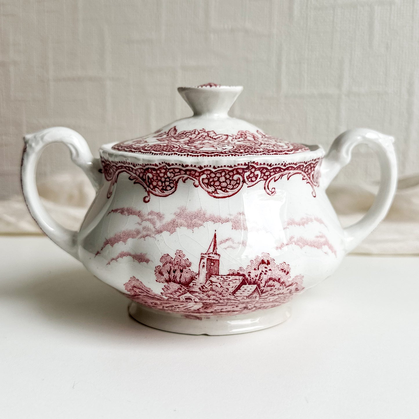 Red Transferware Sugar Bowl