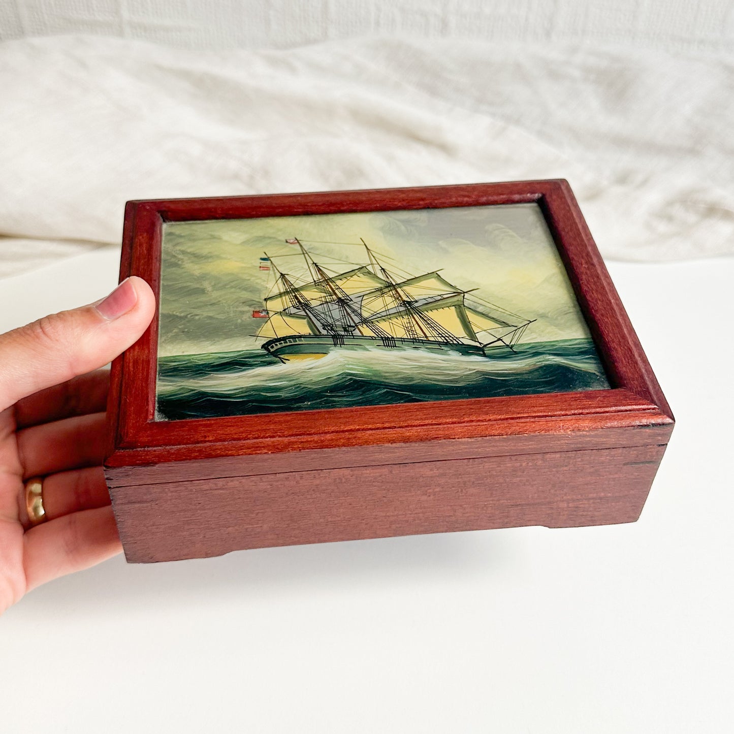 Wooden Box with Painted Glass Lid