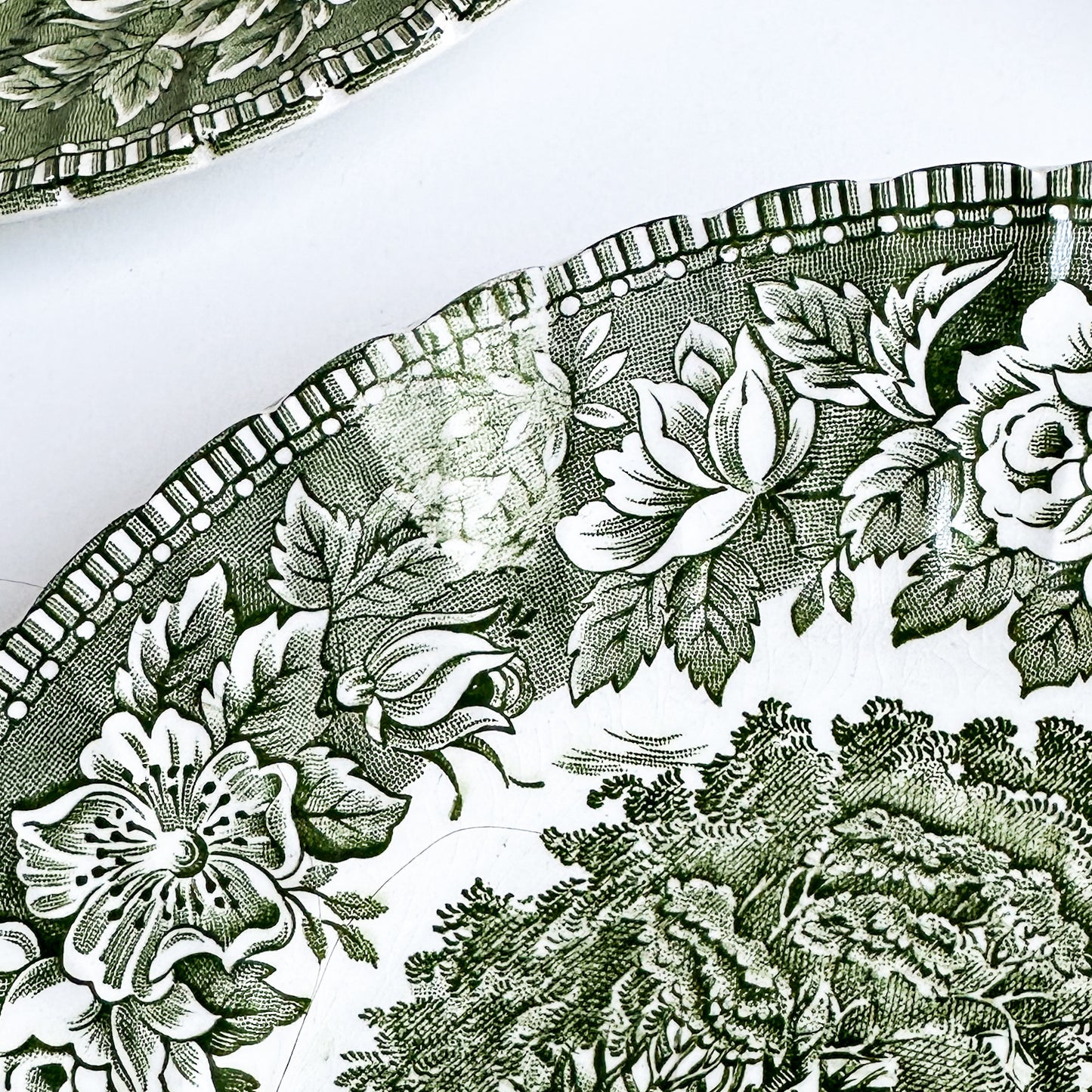 4 Green Transferware Plates