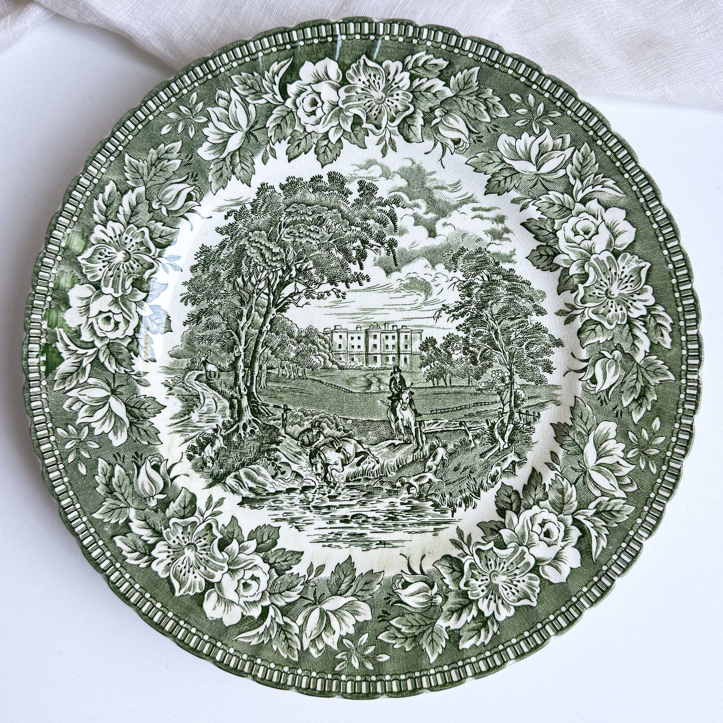 4 Green Transferware Plates