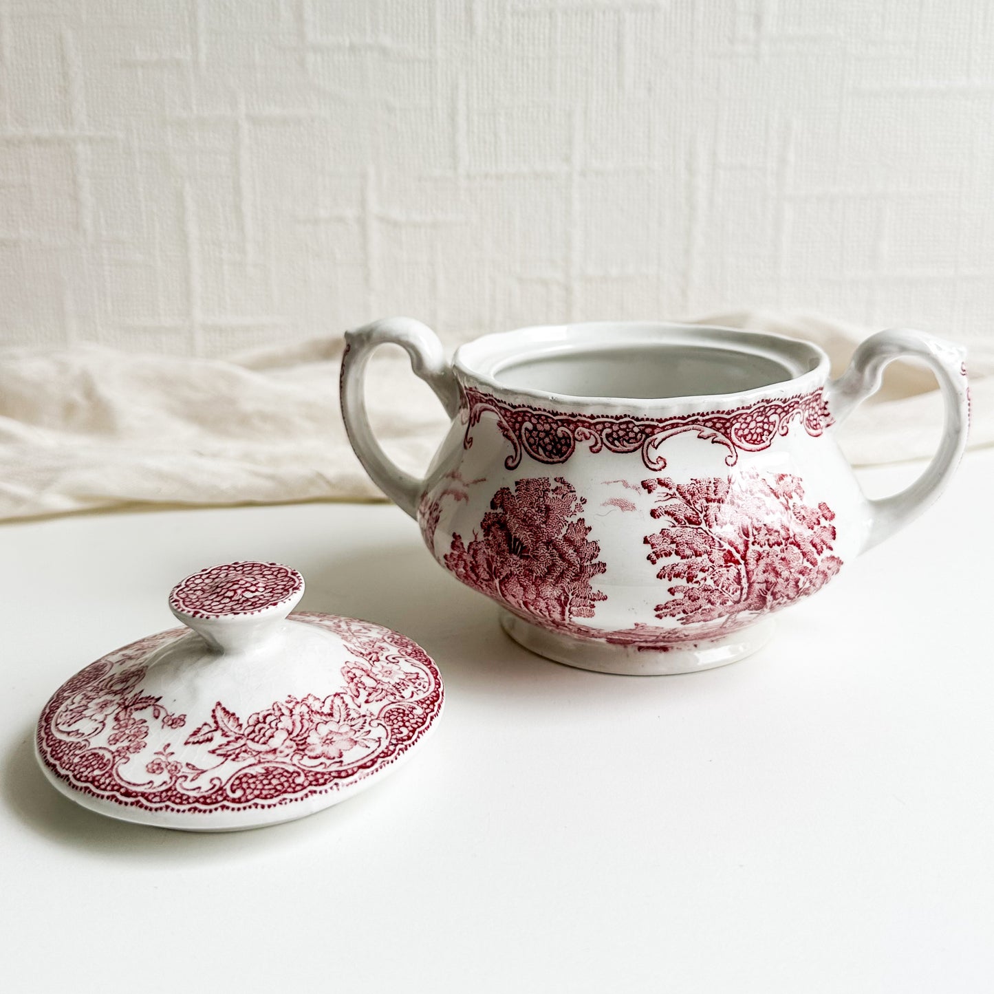 Red Transferware Sugar Bowl