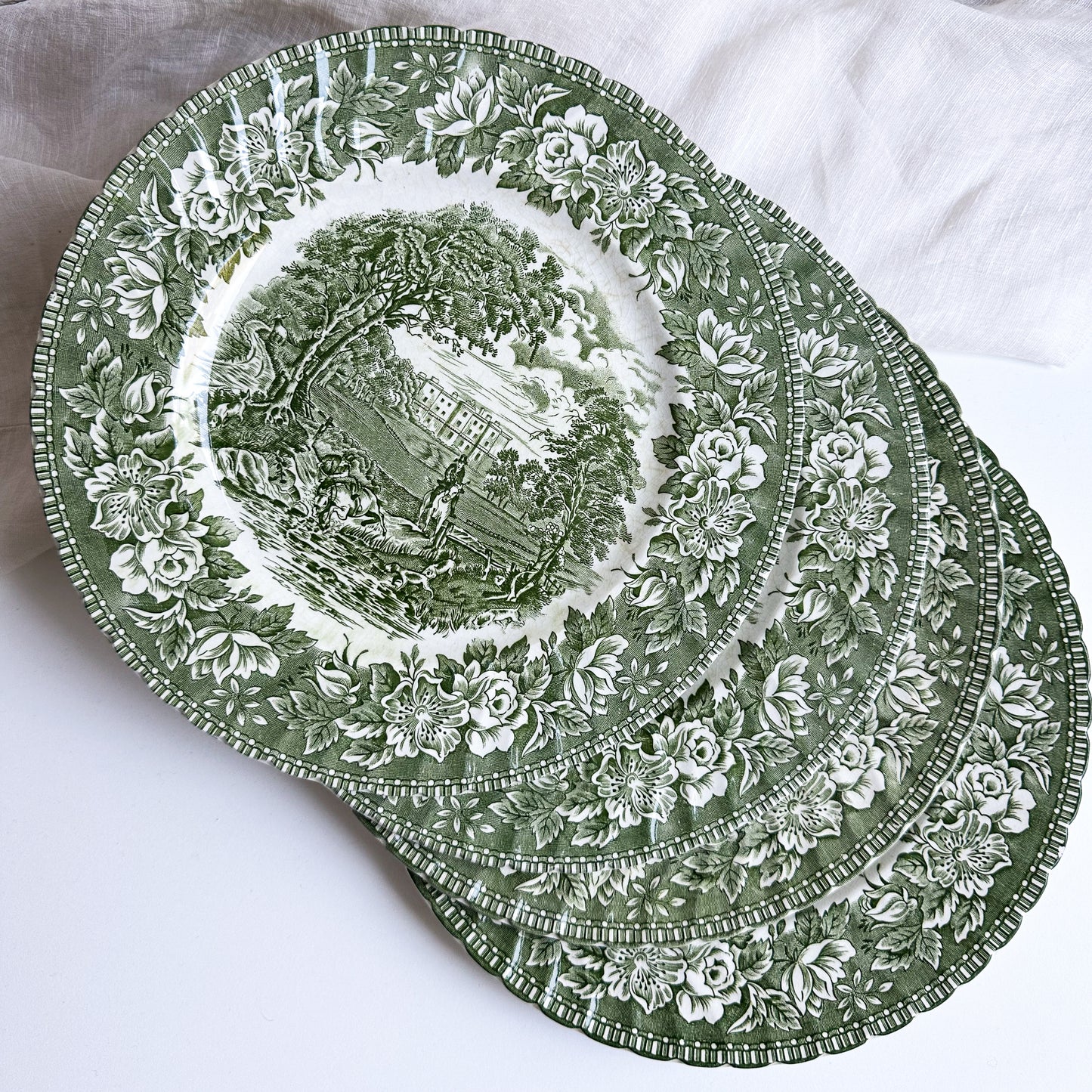 4 Green Transferware Plates
