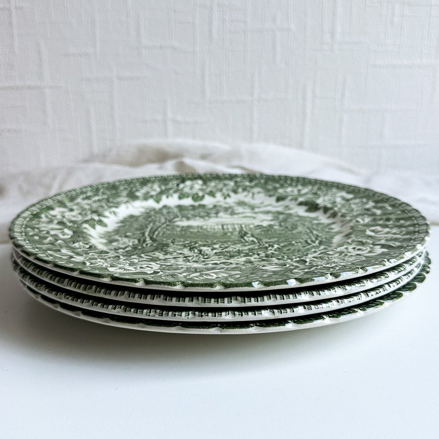 4 Green Transferware Plates