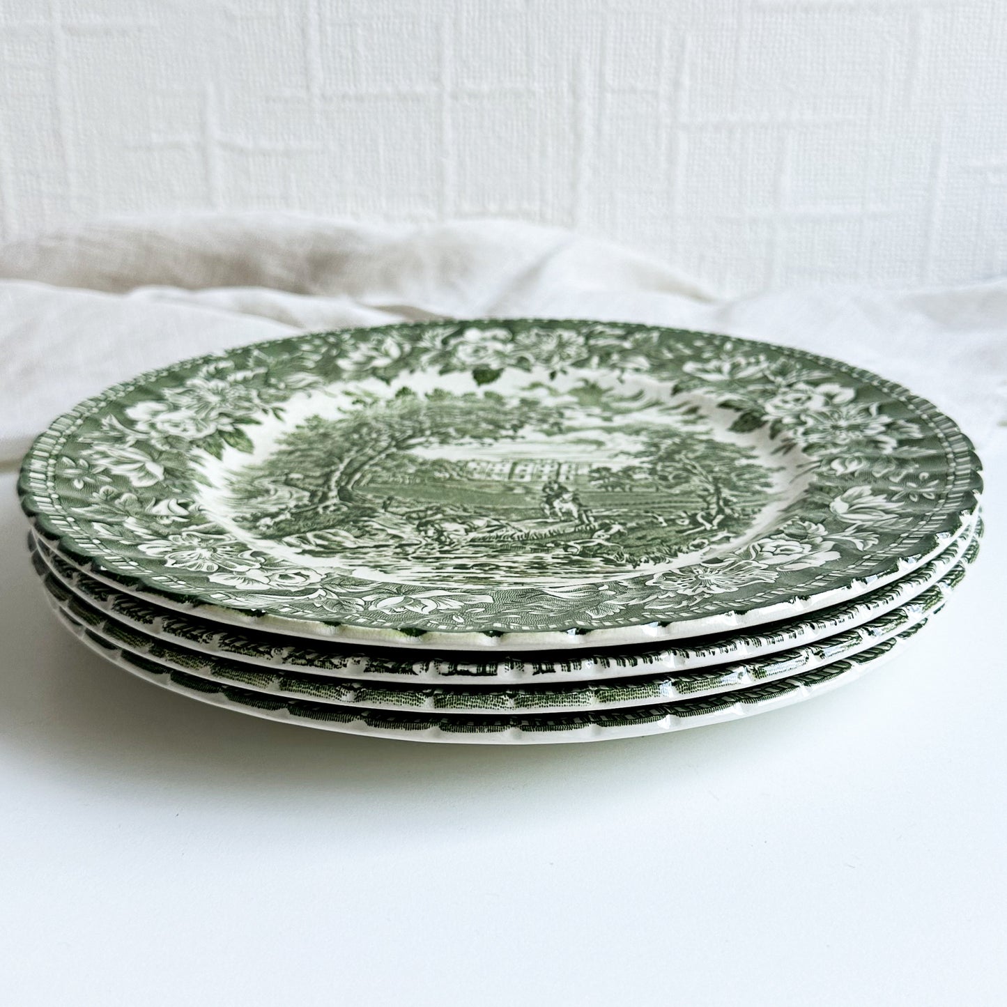 4 Green Transferware Plates