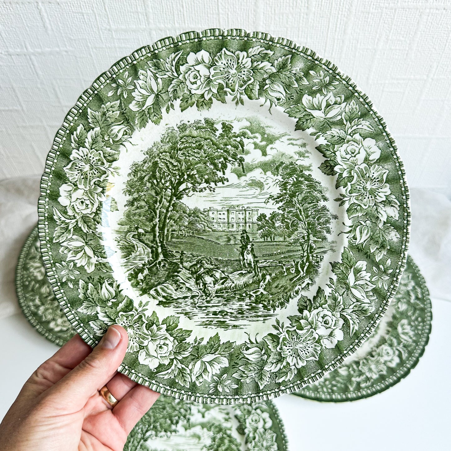 4 Green Transferware Plates