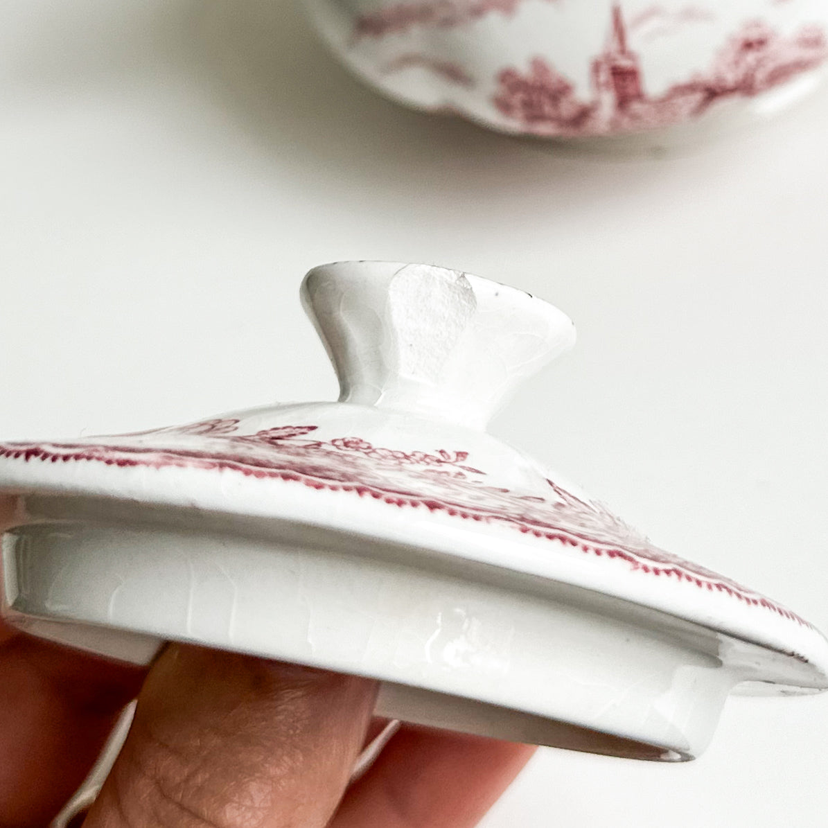 Red Transferware Sugar Bowl