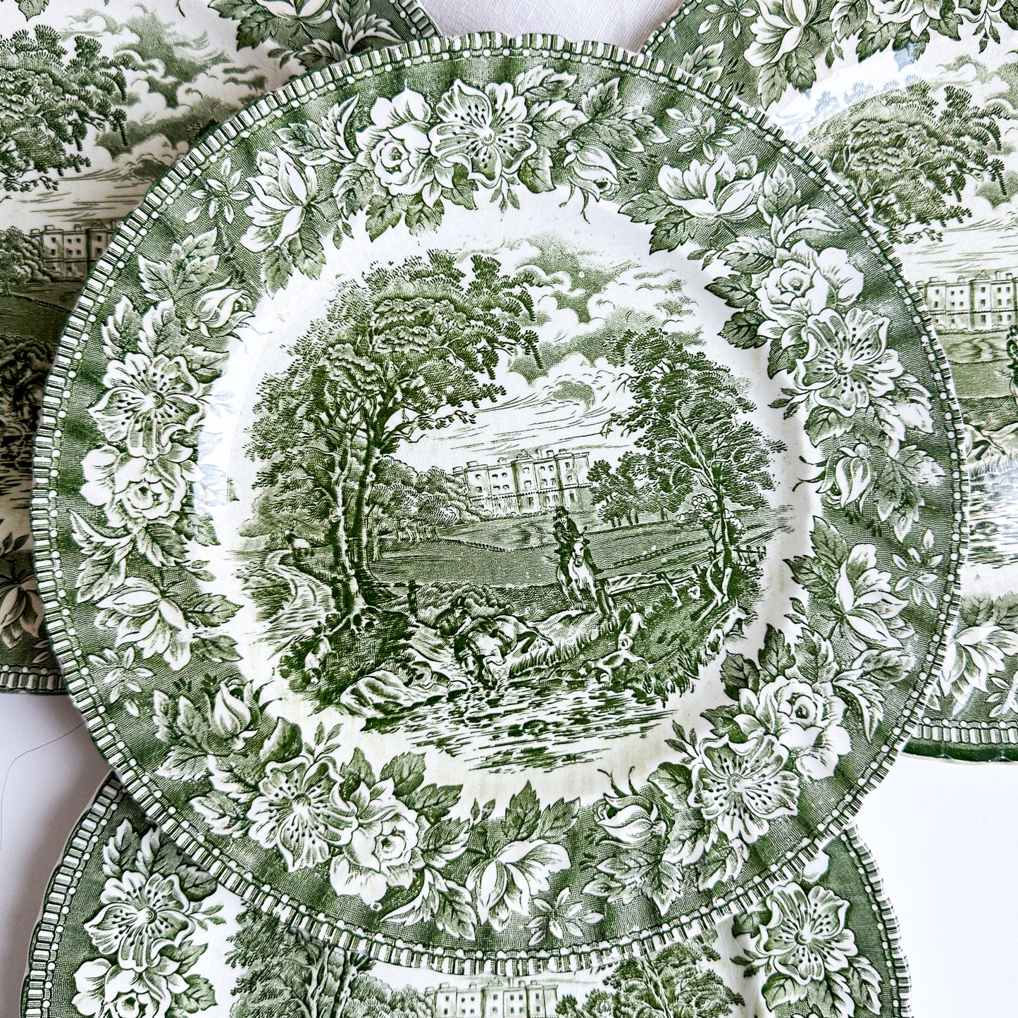 4 Green Transferware Plates