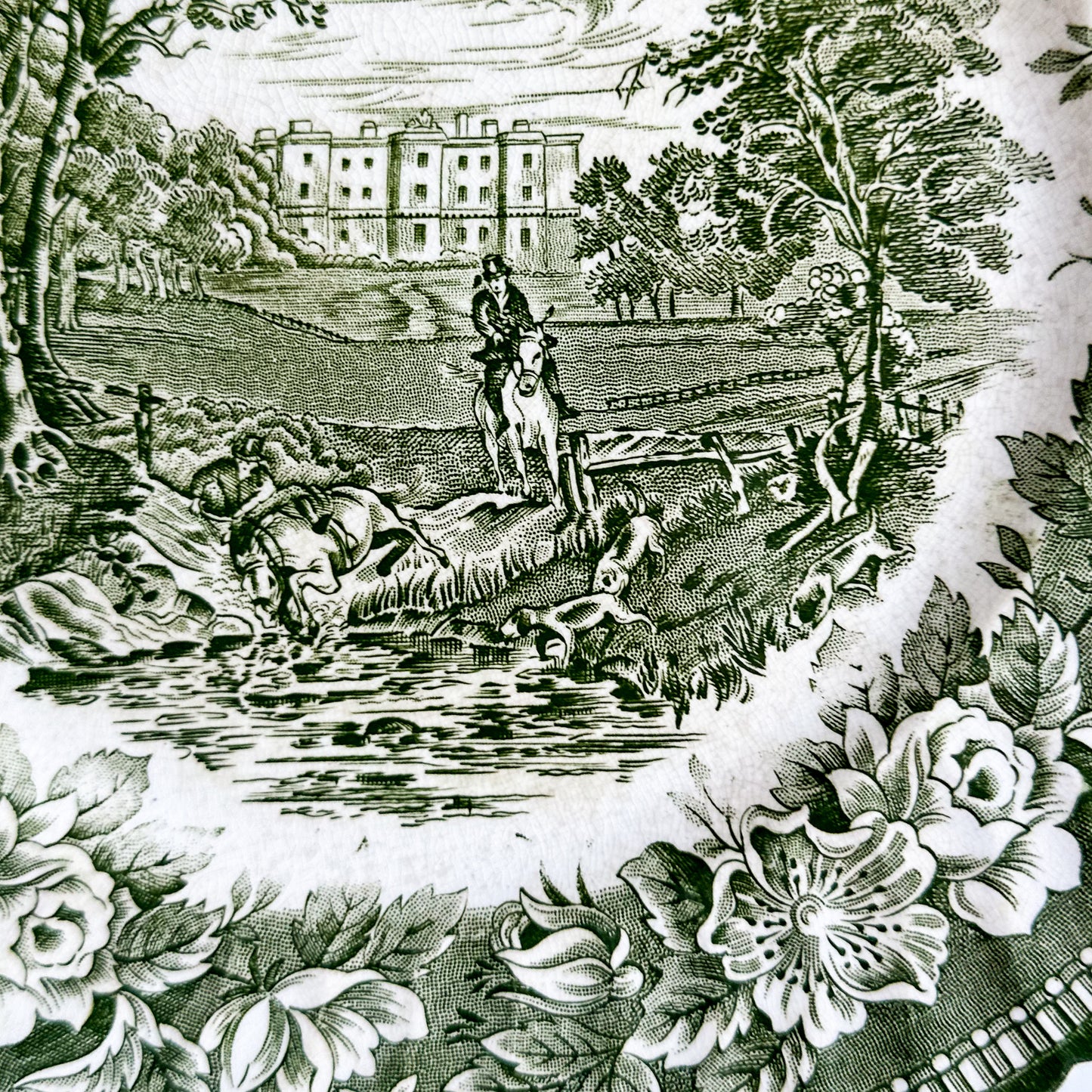 4 Green Transferware Plates