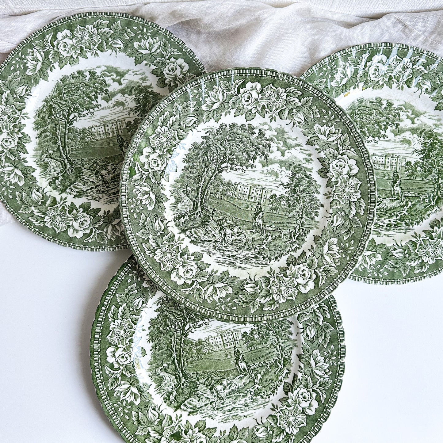 4 Green Transferware Plates