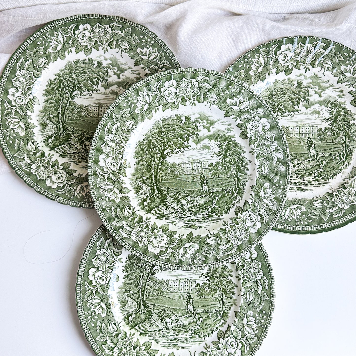 4 Green Transferware Plates