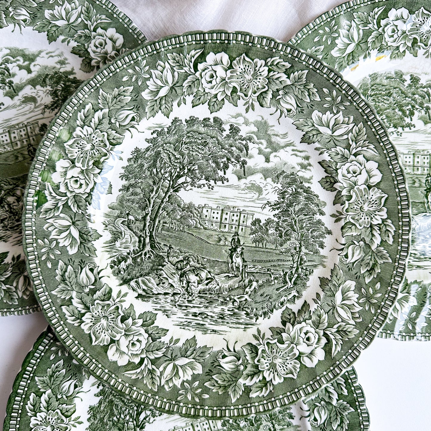 4 Green Transferware Plates