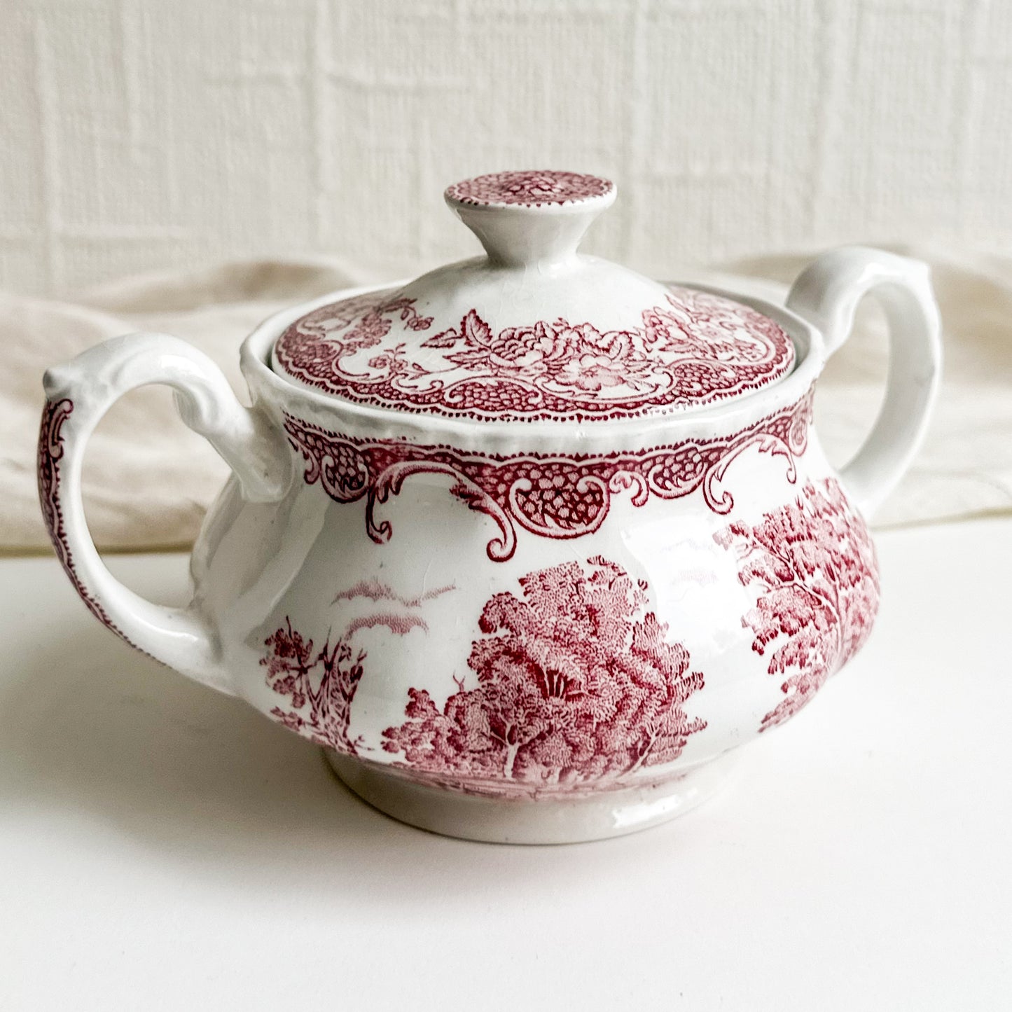 Red Transferware Sugar Bowl