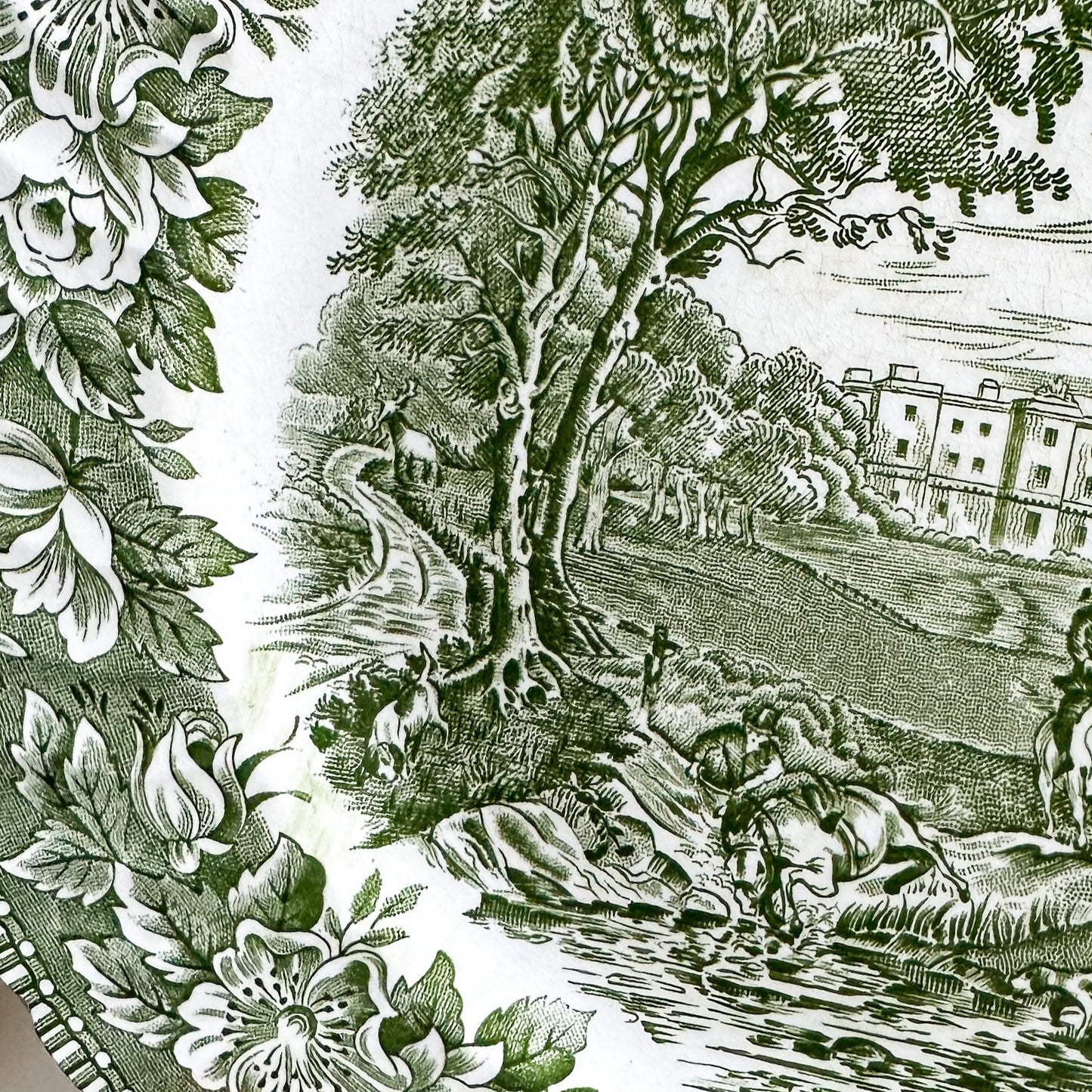 4 Green Transferware Plates