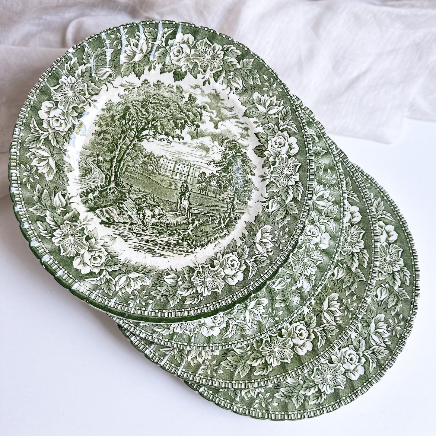 4 Green Transferware Plates