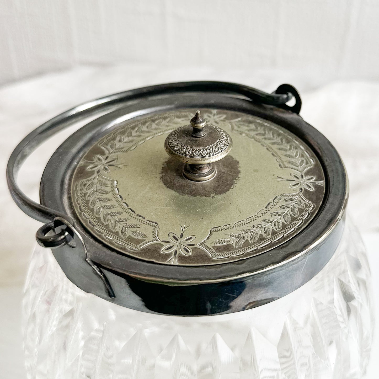 Cut Glass Biscuit Barrel with Silver Plated Top