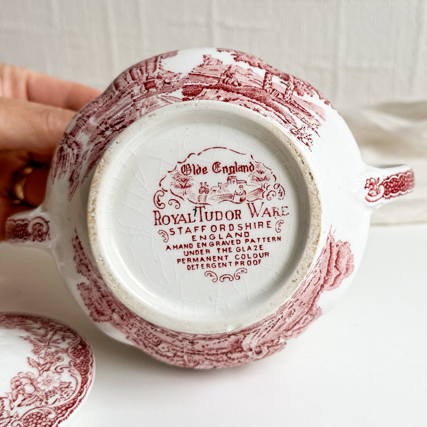 Red Transferware Sugar Bowl