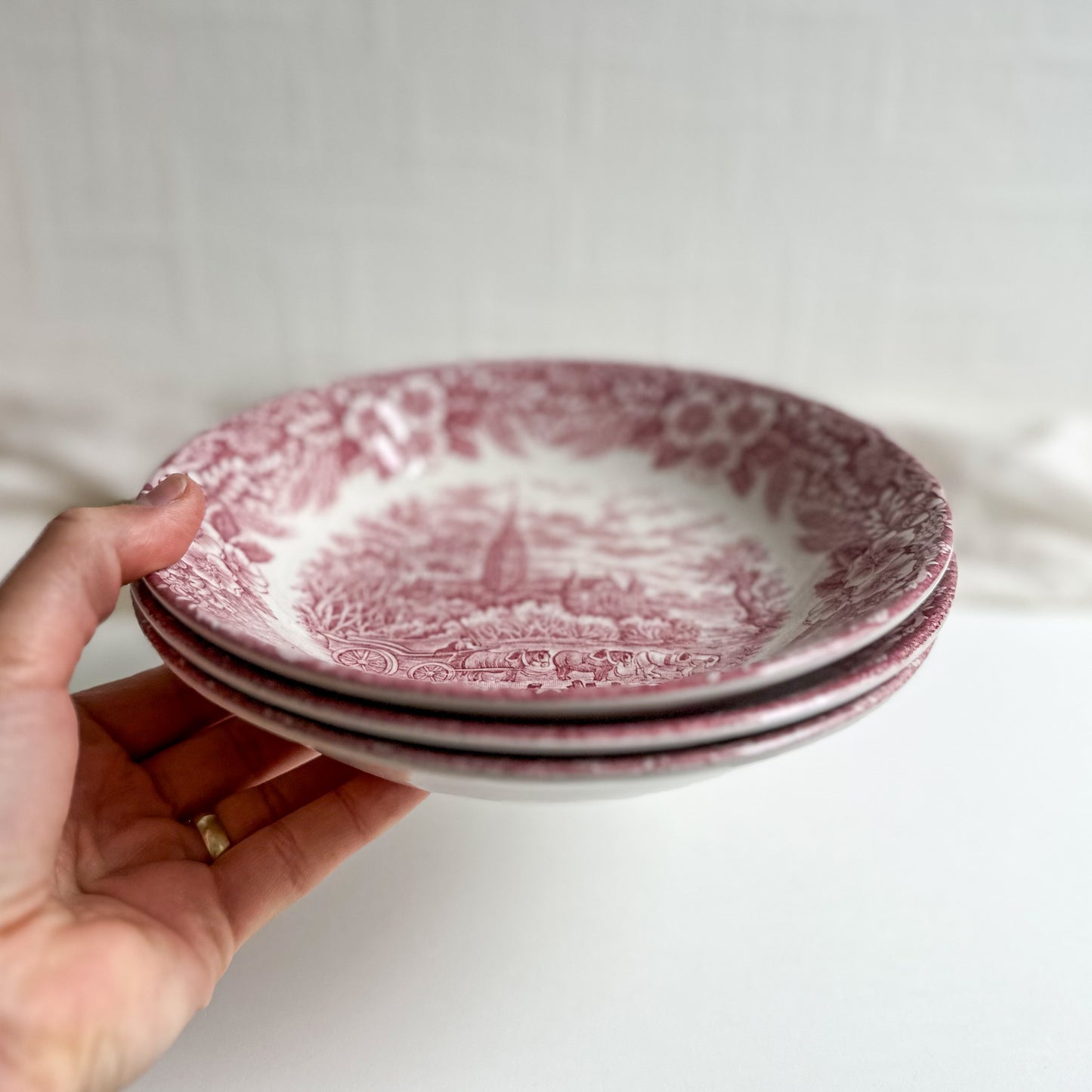 Set of 3 Vintage Red Transferware Shallow Bowls