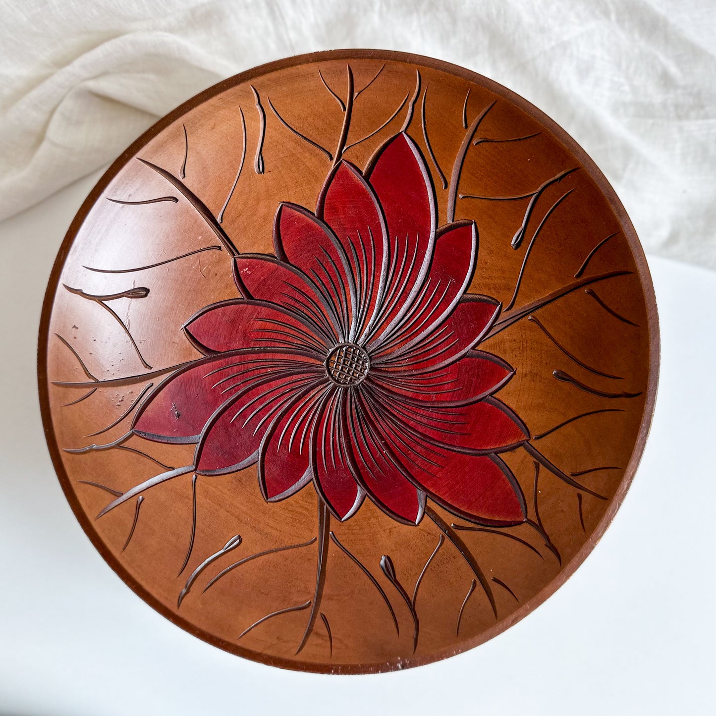 Pedestal Wooden Bowl with Floral Design