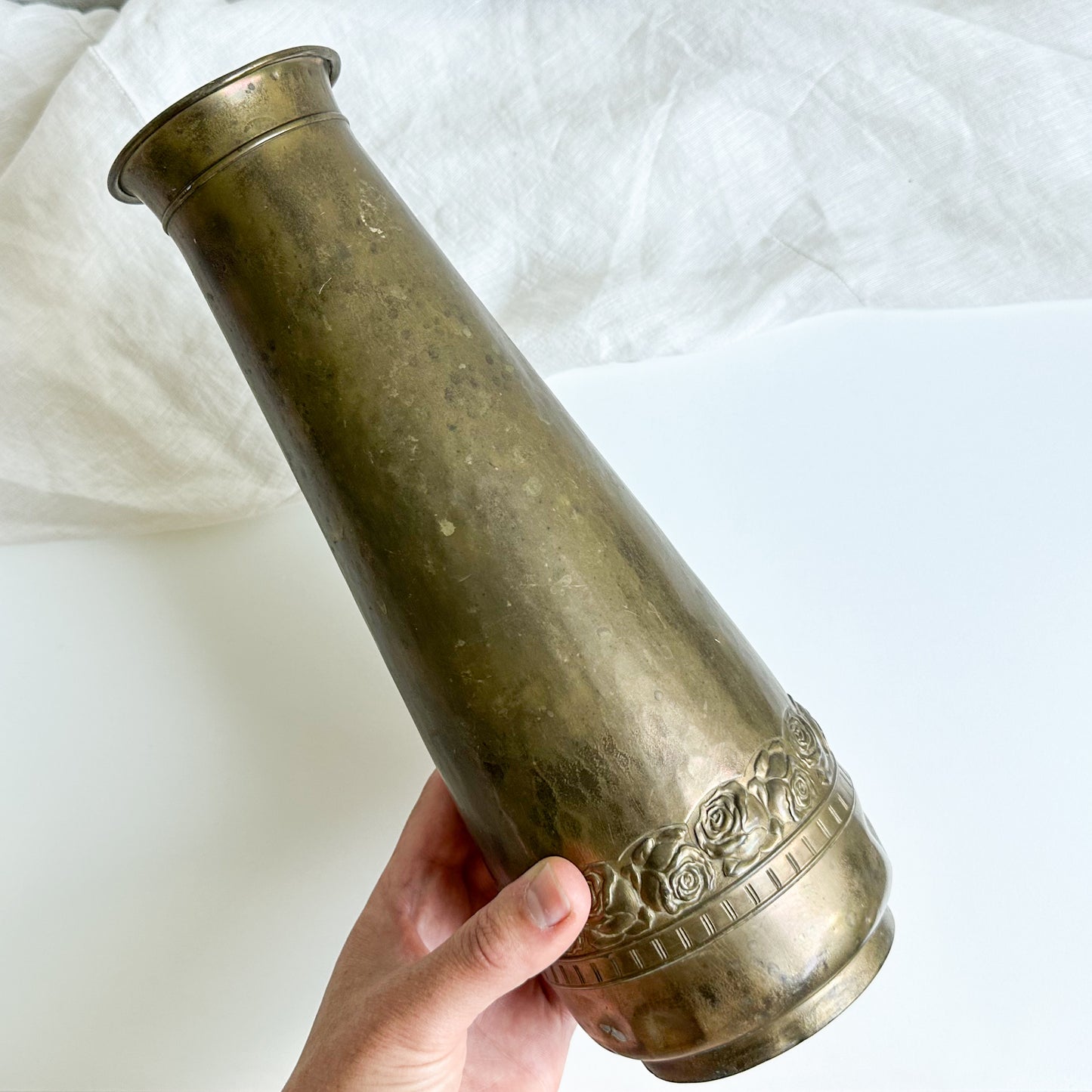 Antique Hammered Brass Vase with Floral Design