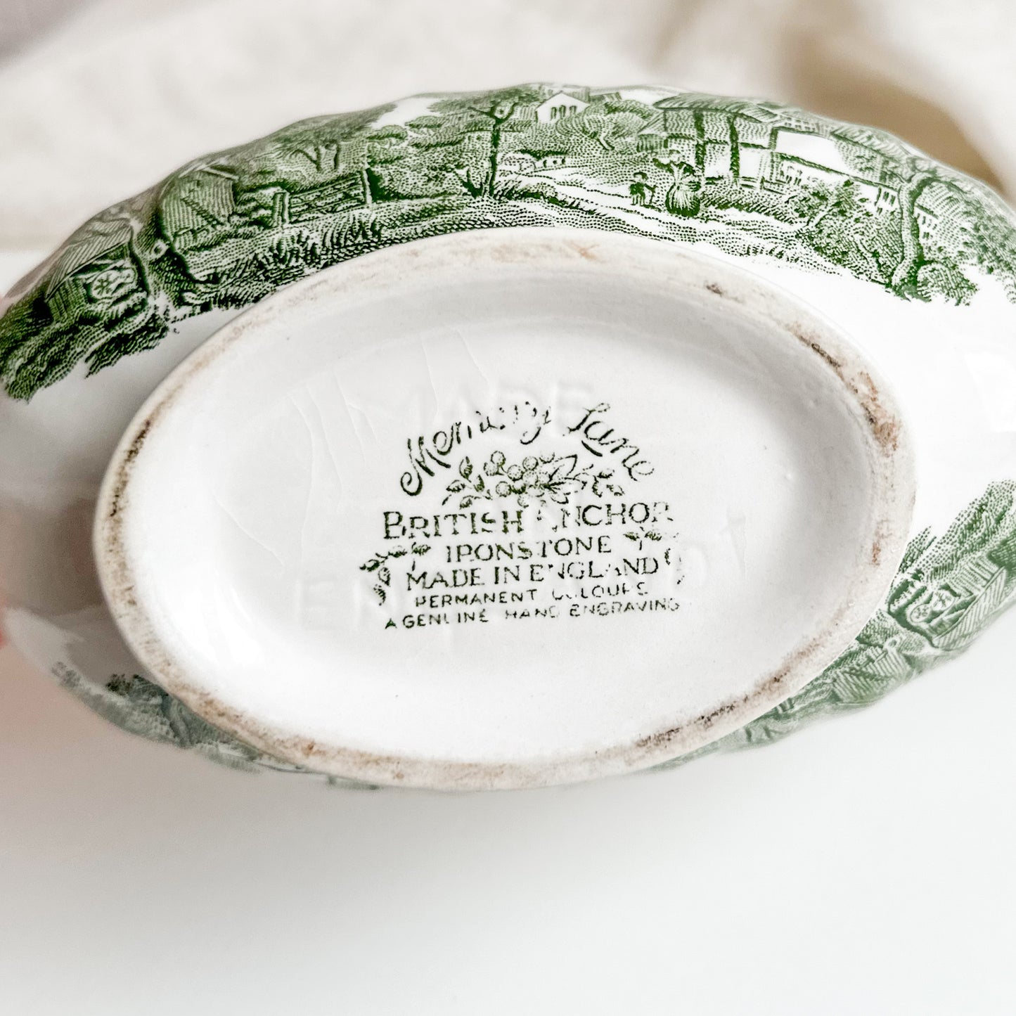 Green Transferware Gravy Boat