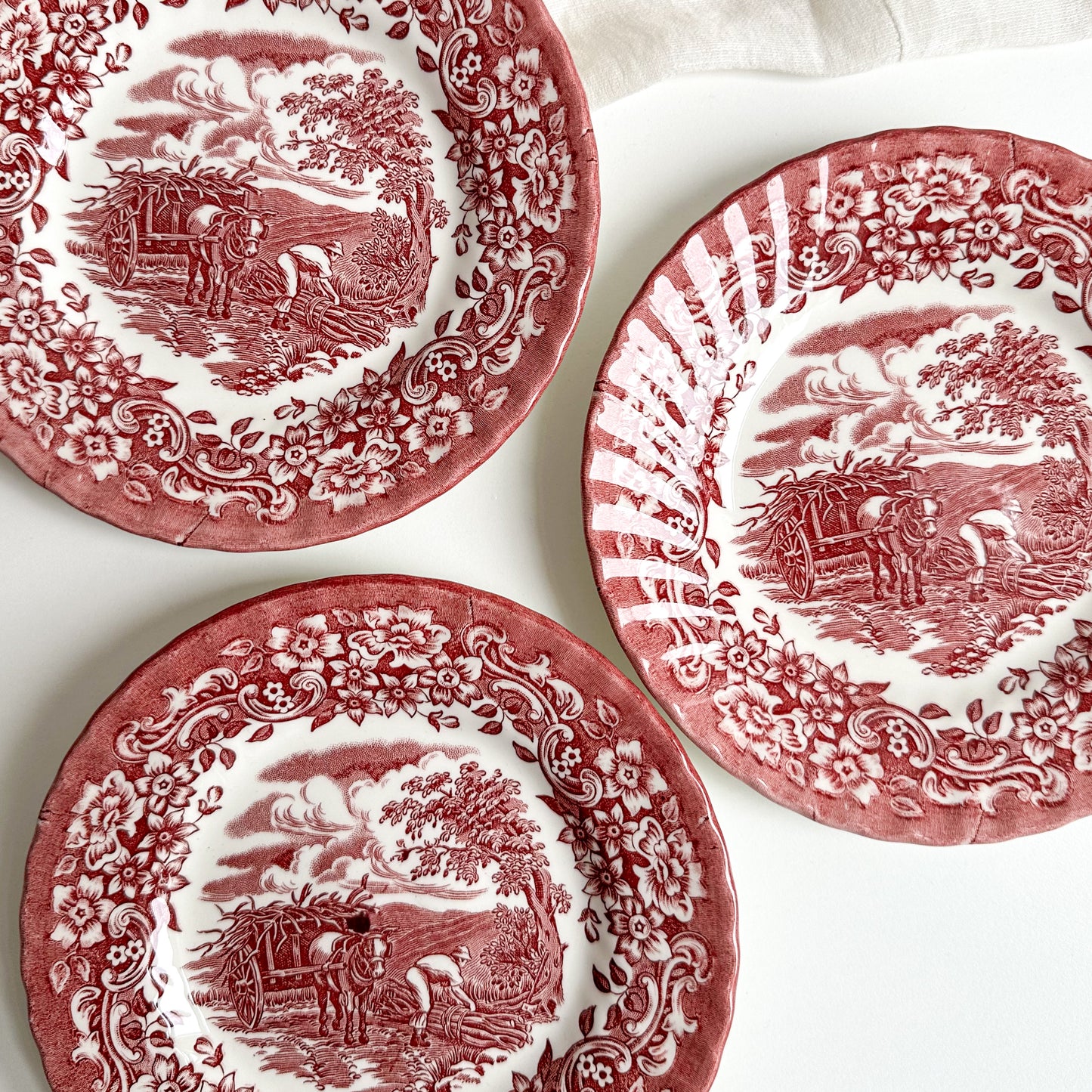 3 Vintage Red Transferware Dessert Plates