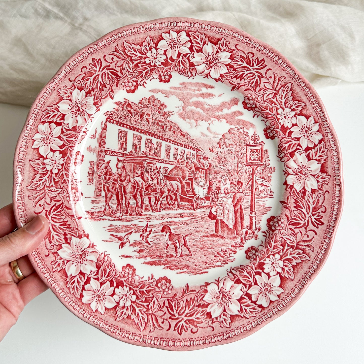5 Red Transferware Dinner Plates