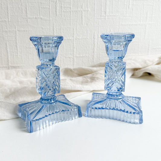 Pair of Art Deco Blue Glass Candlesticks