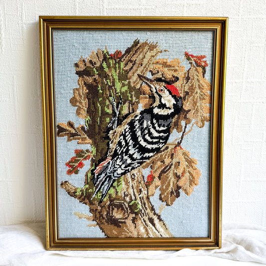 Framed Woodpecker Needlepoint