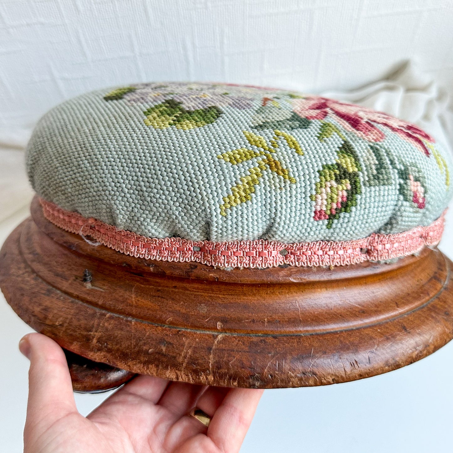 Victorian Upholstered Footstool with Roses