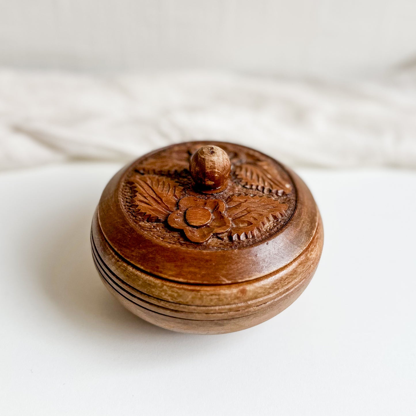 Round Wooden Box with Floral Design