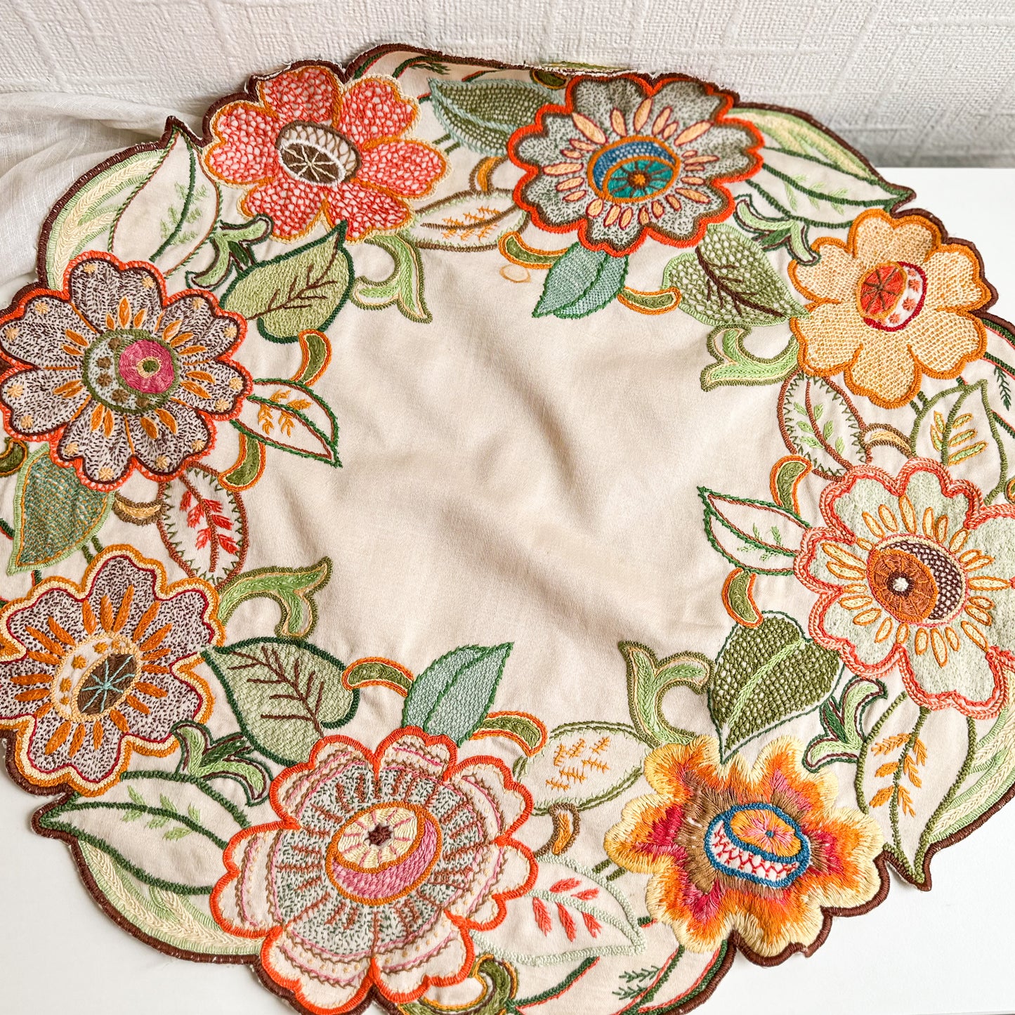 Antique Hand Embroidered Floral Doily