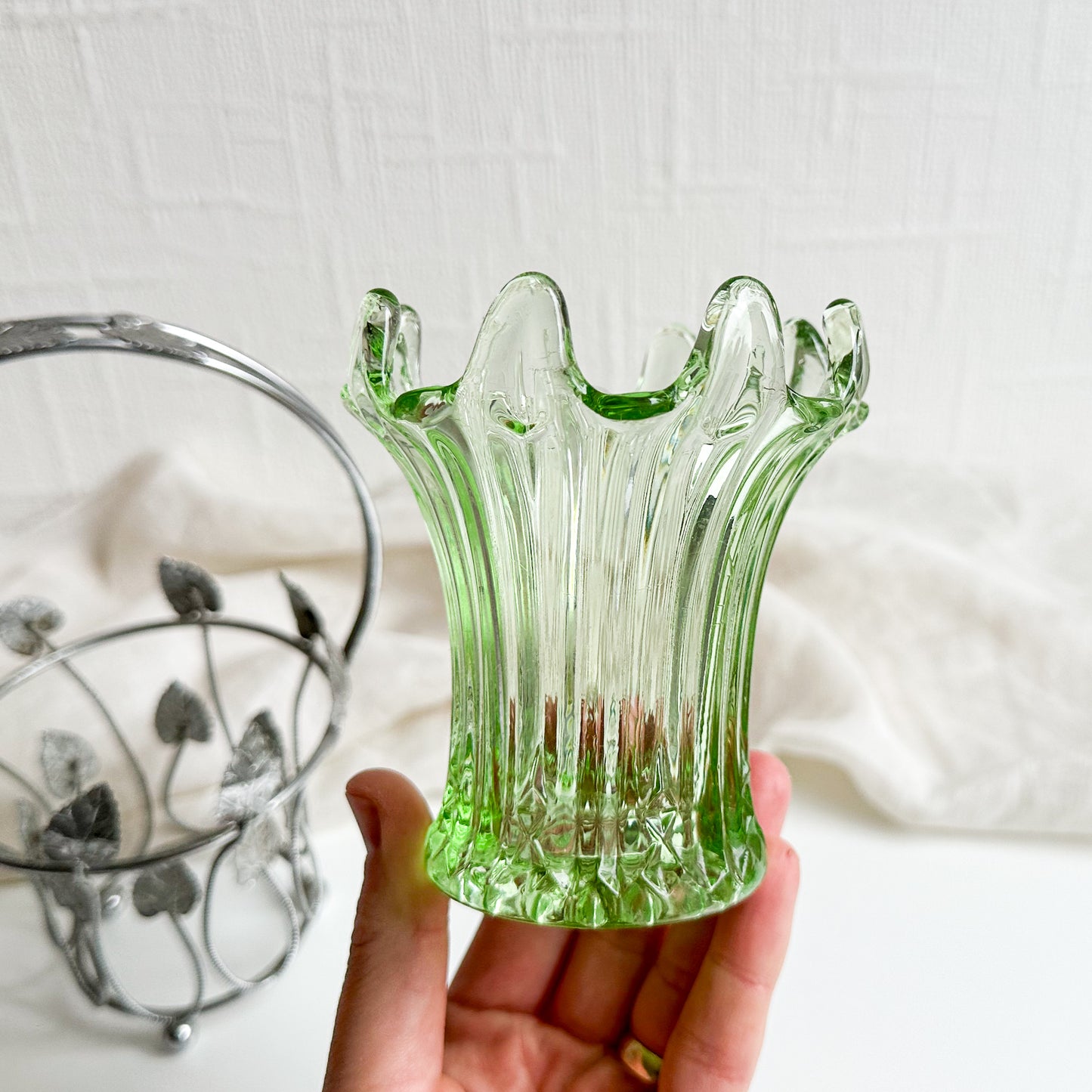 Art Deco Glass Vase in Metal Leaf Basket