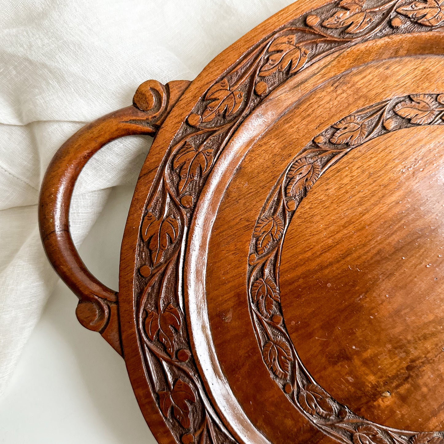 Vintage Hand Carved Wooden Tray with Handles