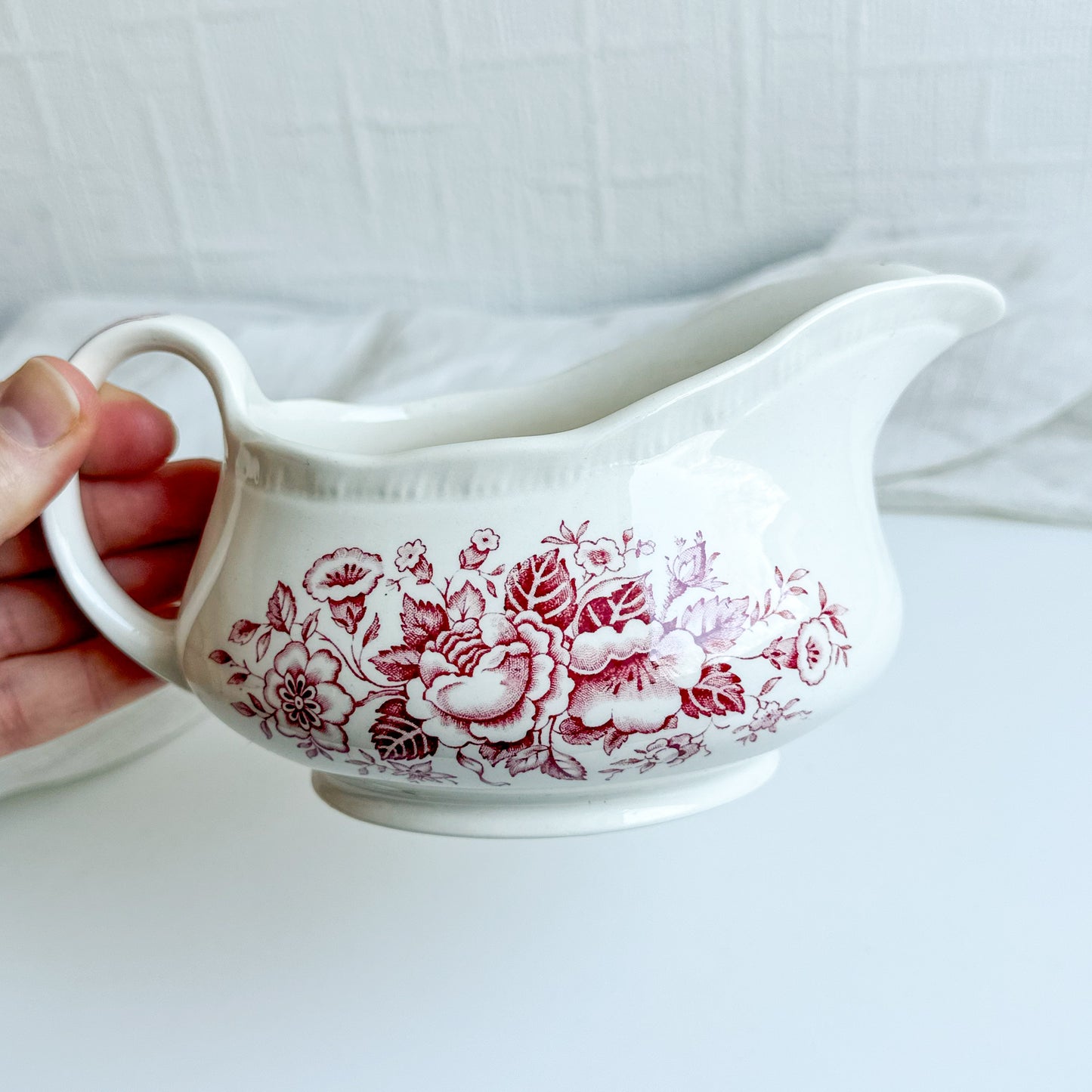 Pink Transferware Gravy Boat