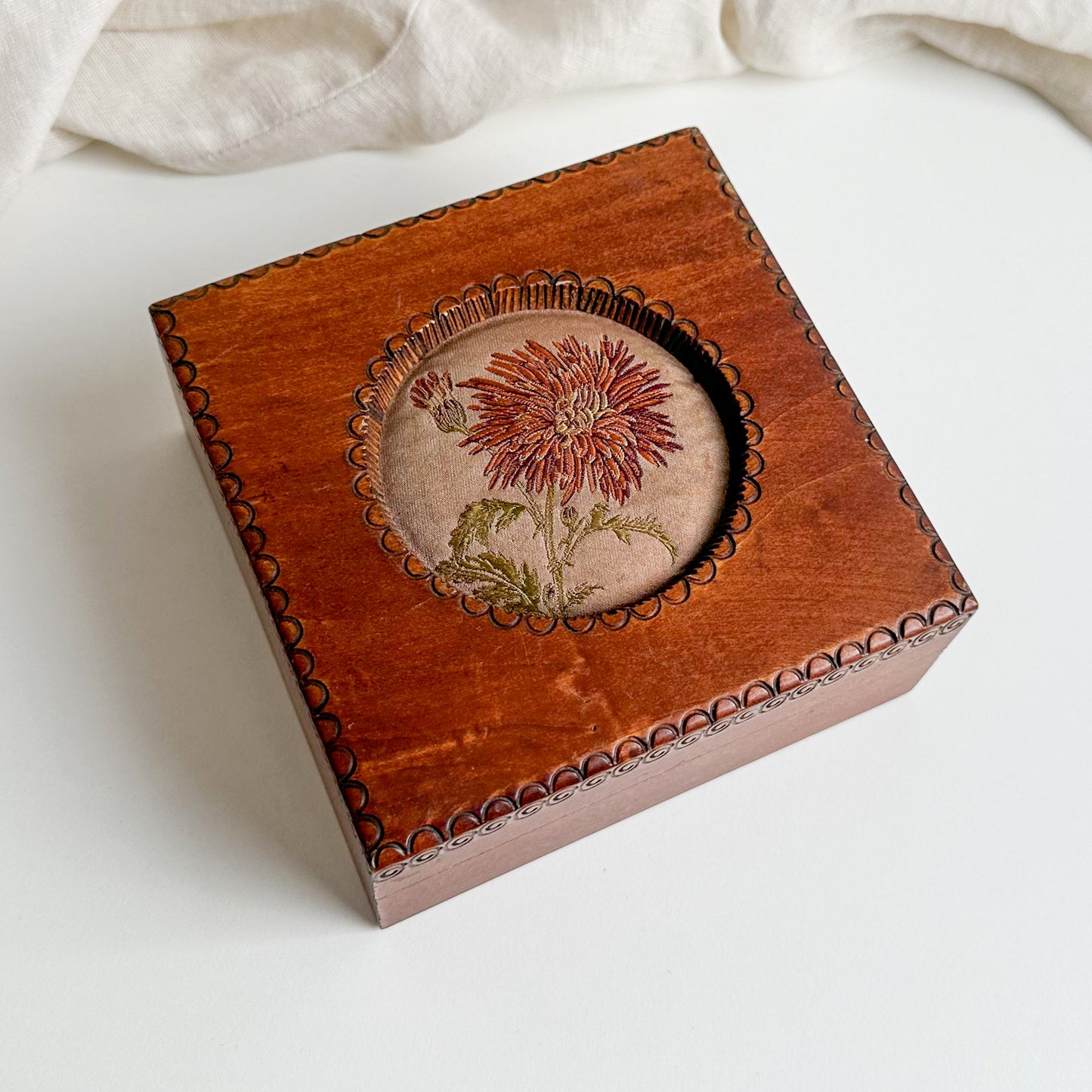 Wooden Box with Embroidered Fabric