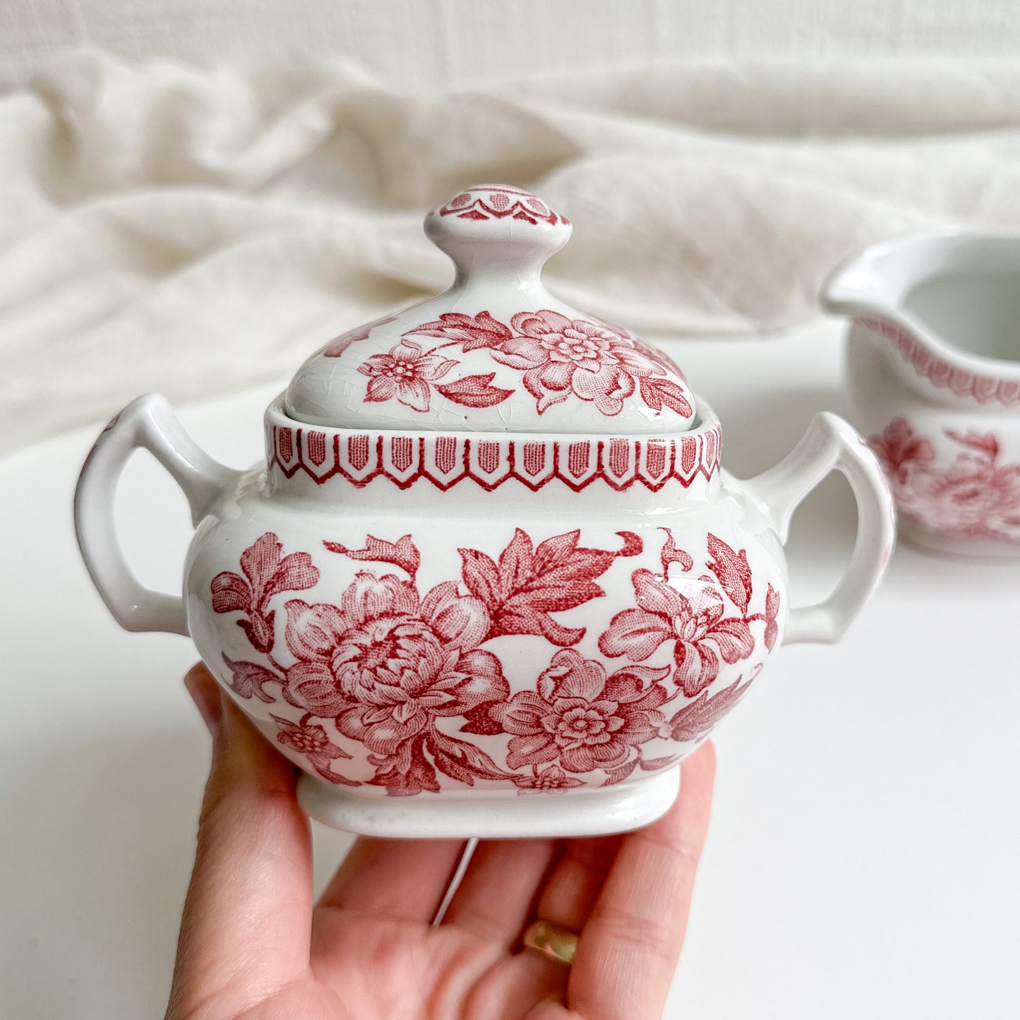 Red Transferware Sugar Bowl and Creamer by Wood & Sons