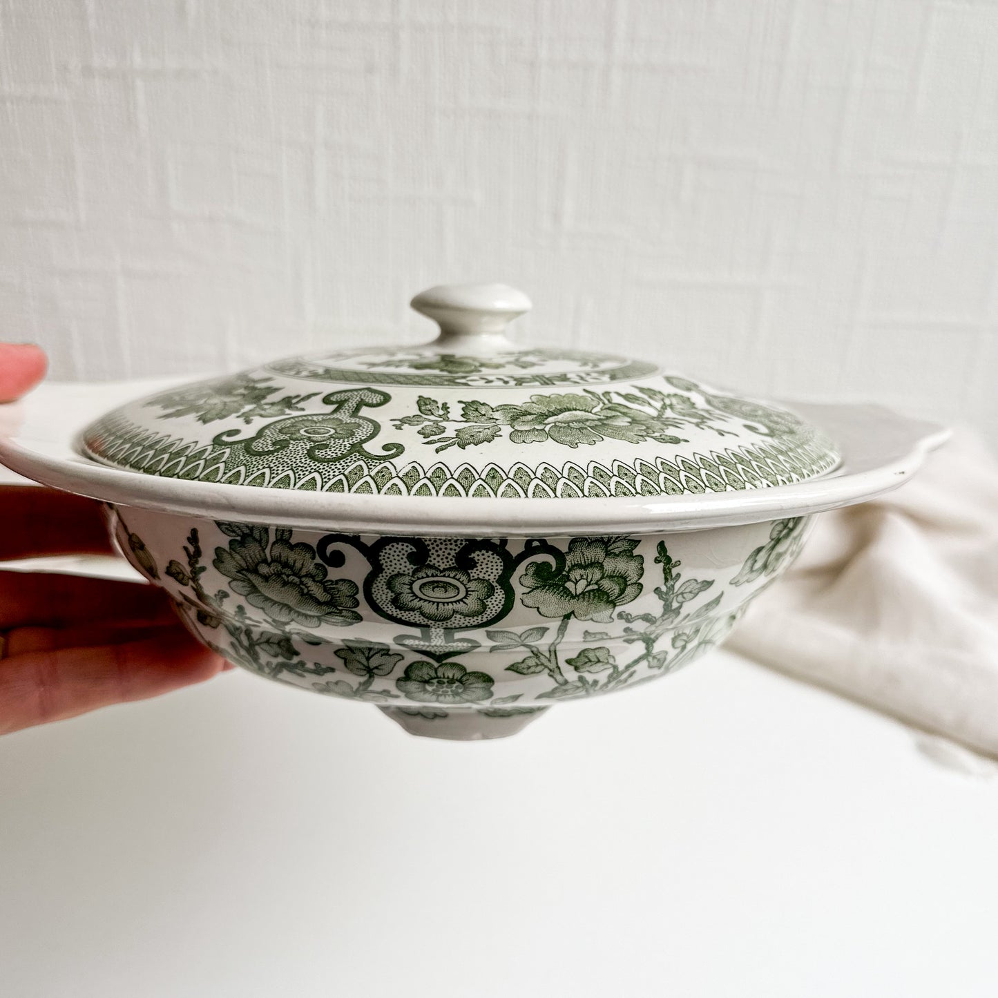 Green Transferware Bowl with Lid