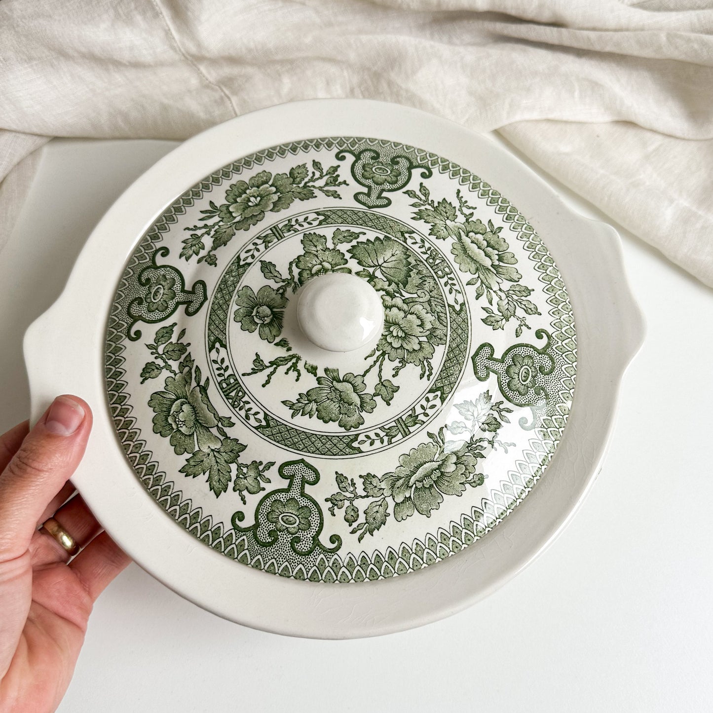 Green Transferware Bowl with Lid