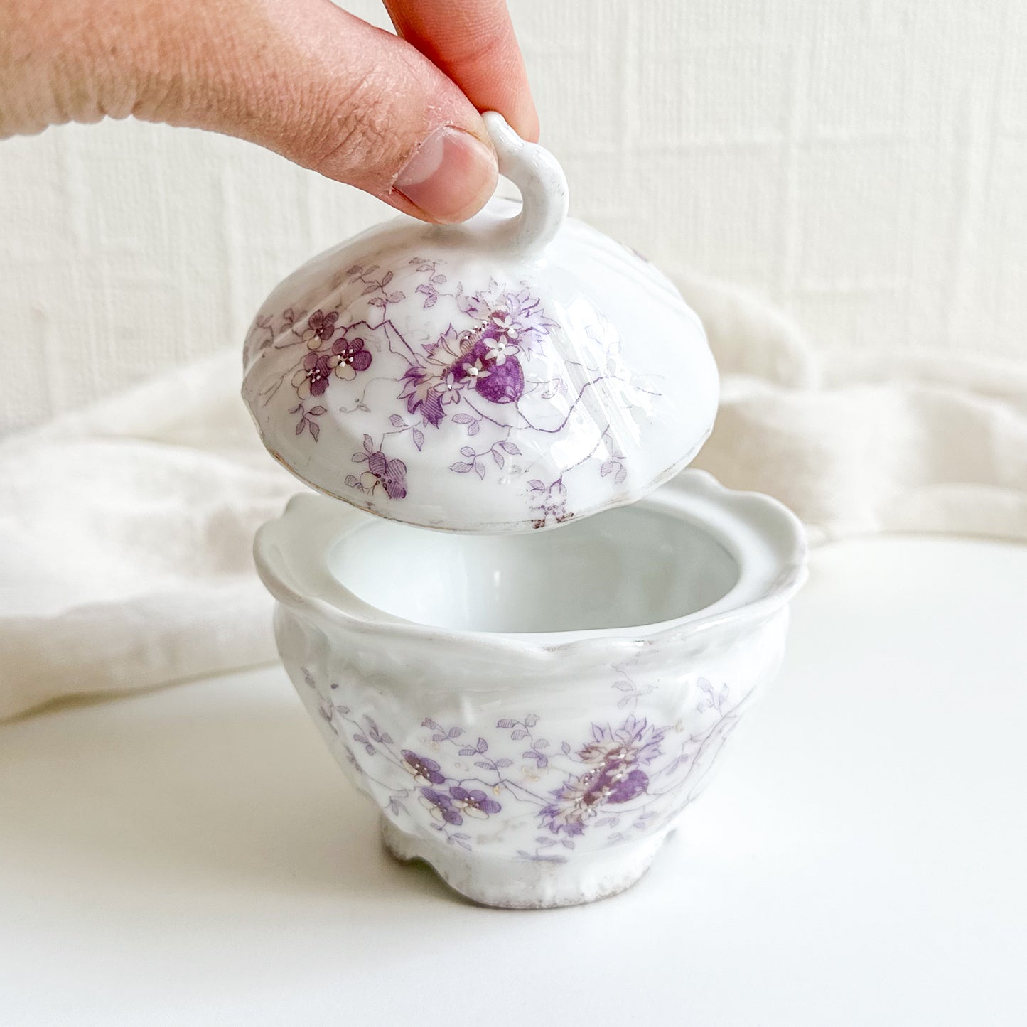 Antique Lidded Bowl with Purple Flowers