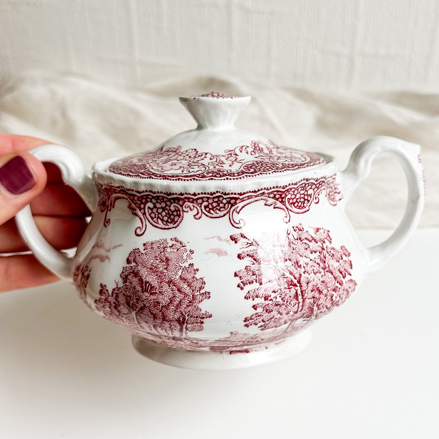 Red Transferware Sugar Bowl