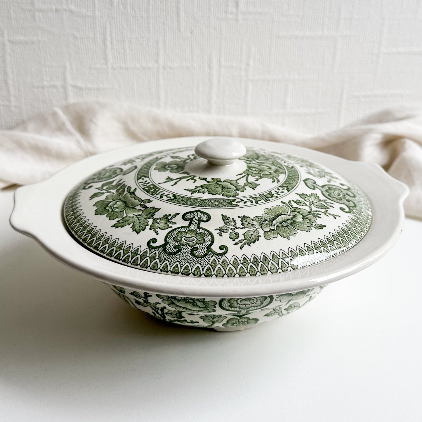 Green Transferware Bowl with Lid