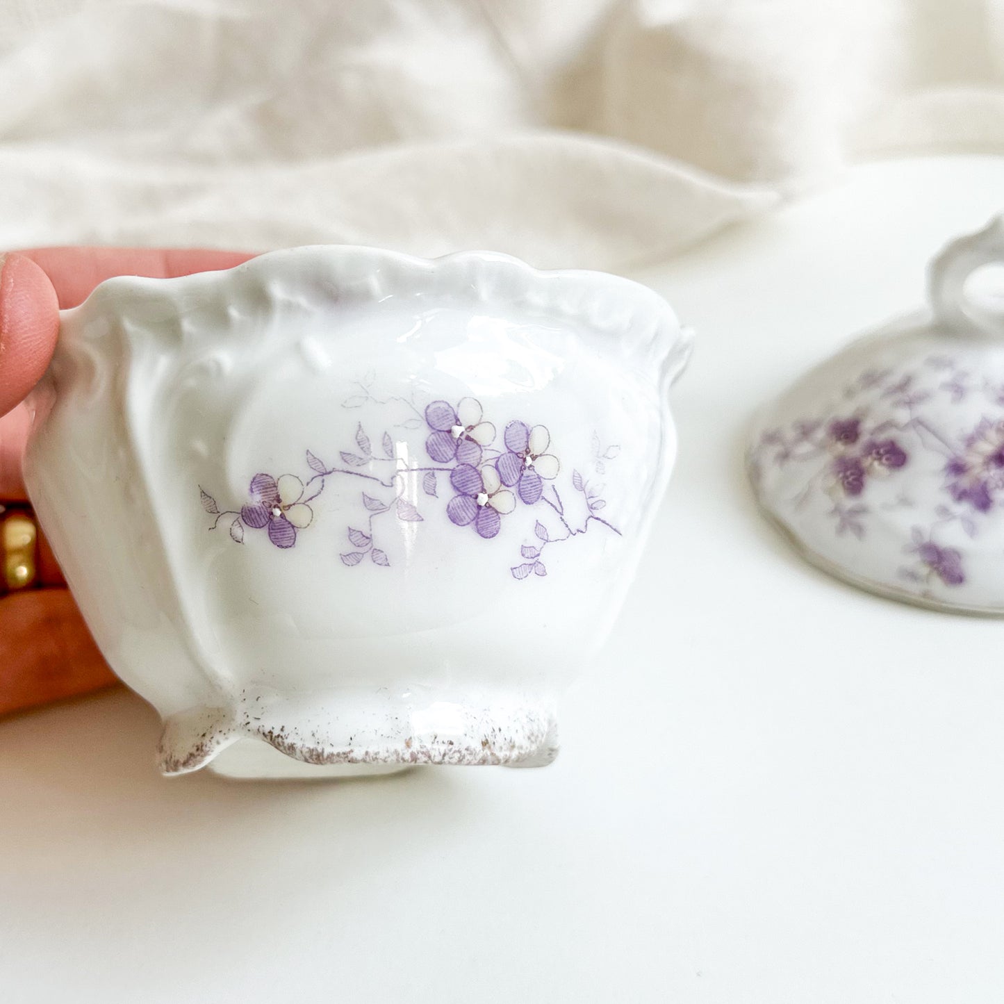 Antique Lidded Bowl with Purple Flowers