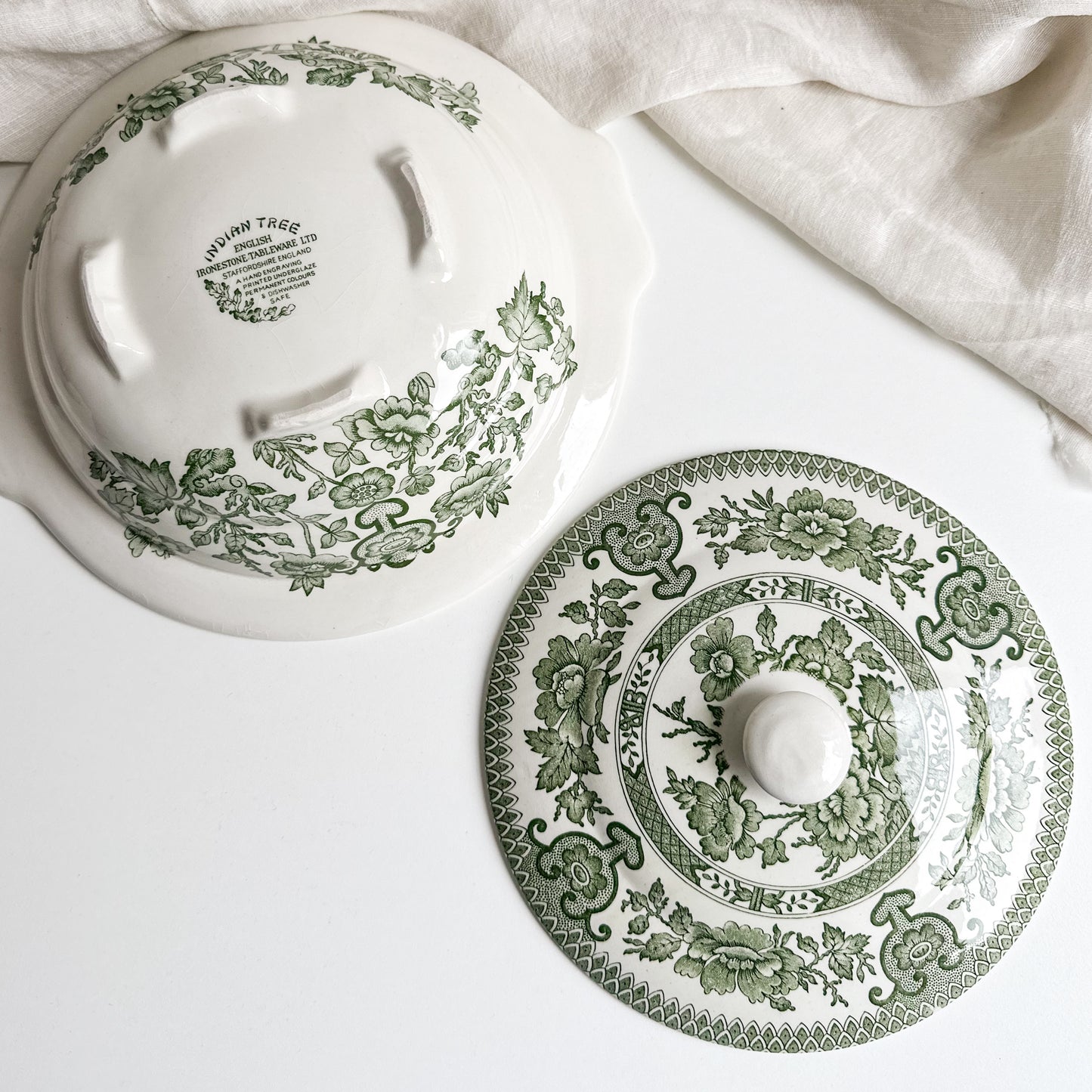 Green Transferware Bowl with Lid