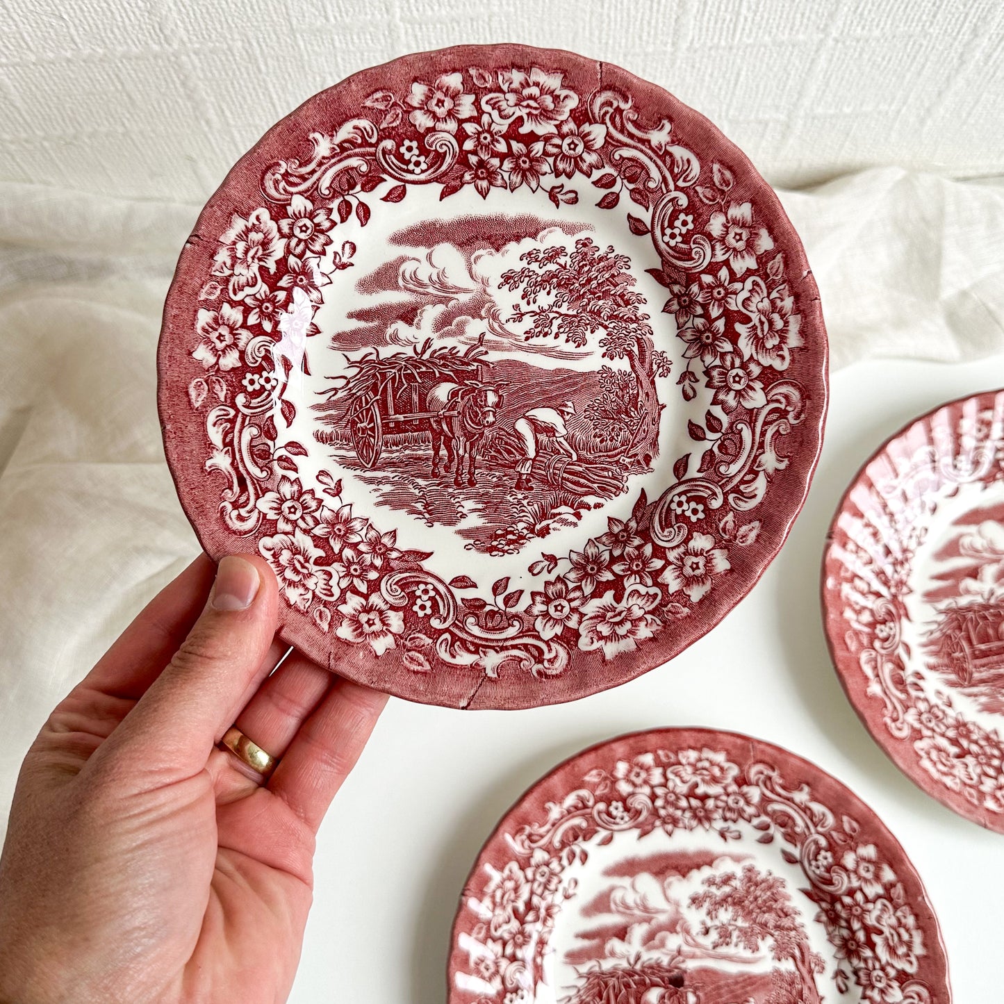 3 Vintage Red Transferware Dessert Plates