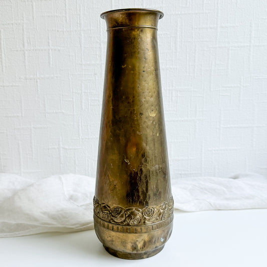 Antique Hammered Brass Vase with Floral Design