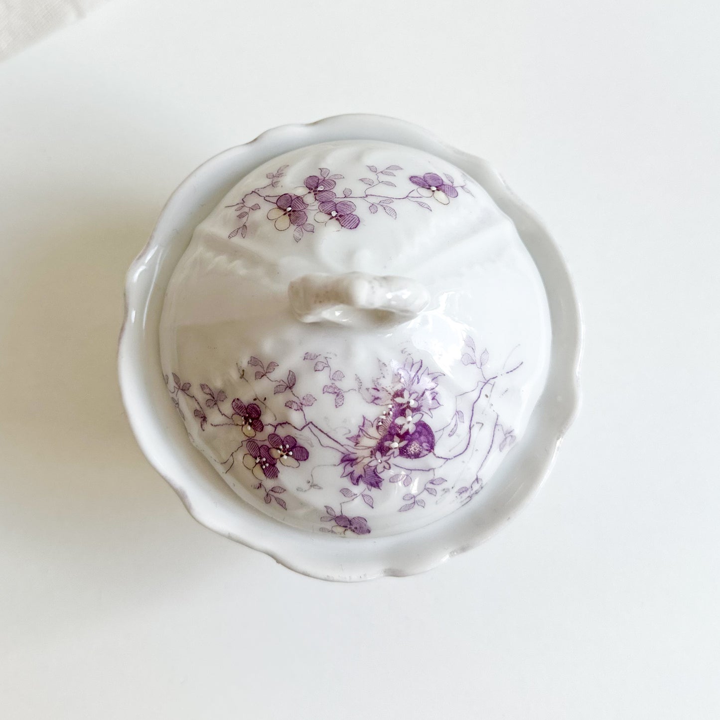 Antique Lidded Bowl with Purple Flowers