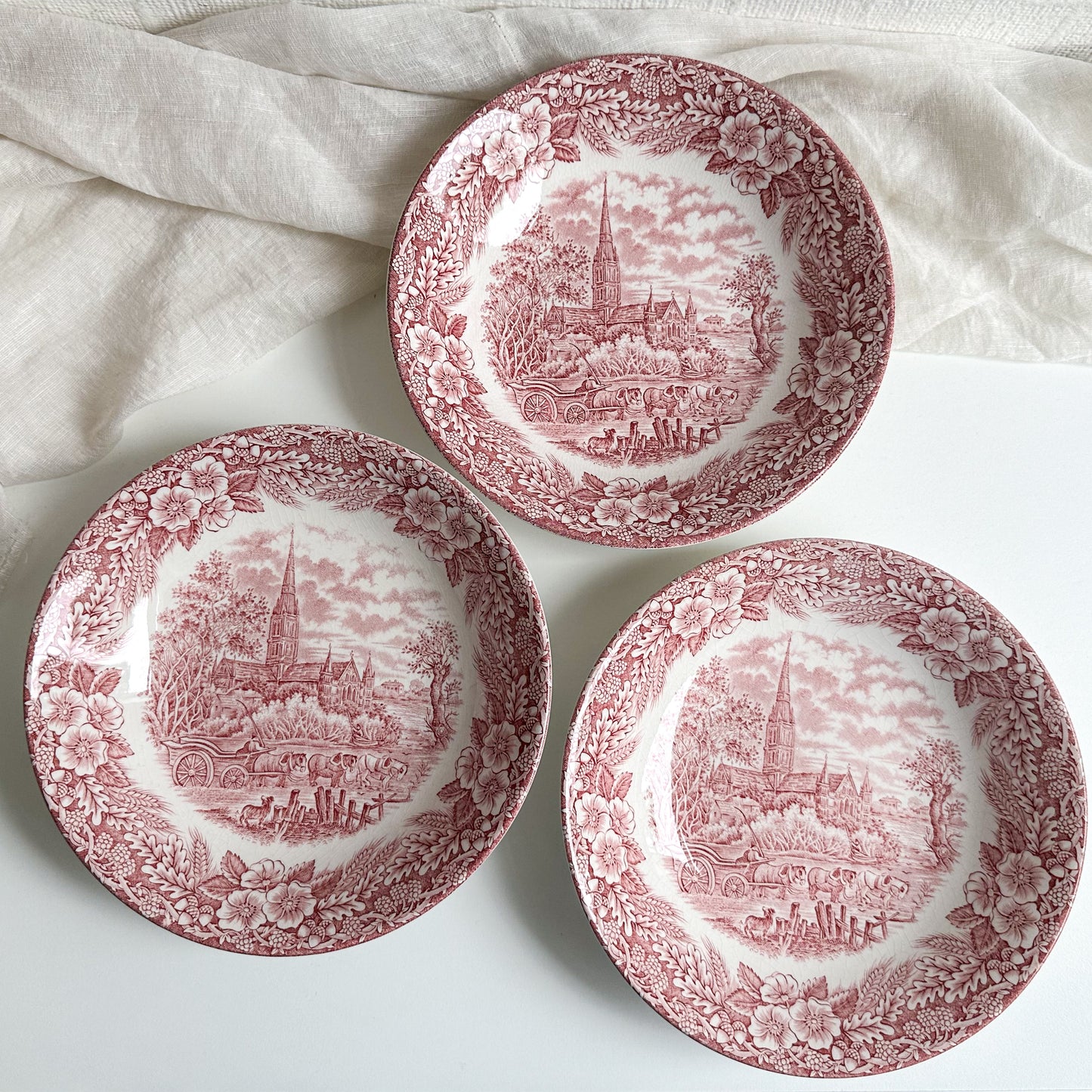 Set of 3 Vintage Red Transferware Shallow Bowls