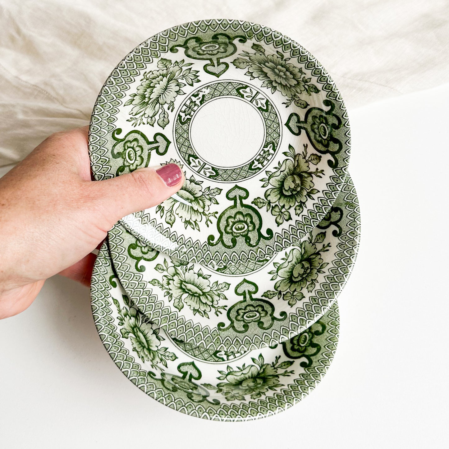 3 Green Transferware Bowls