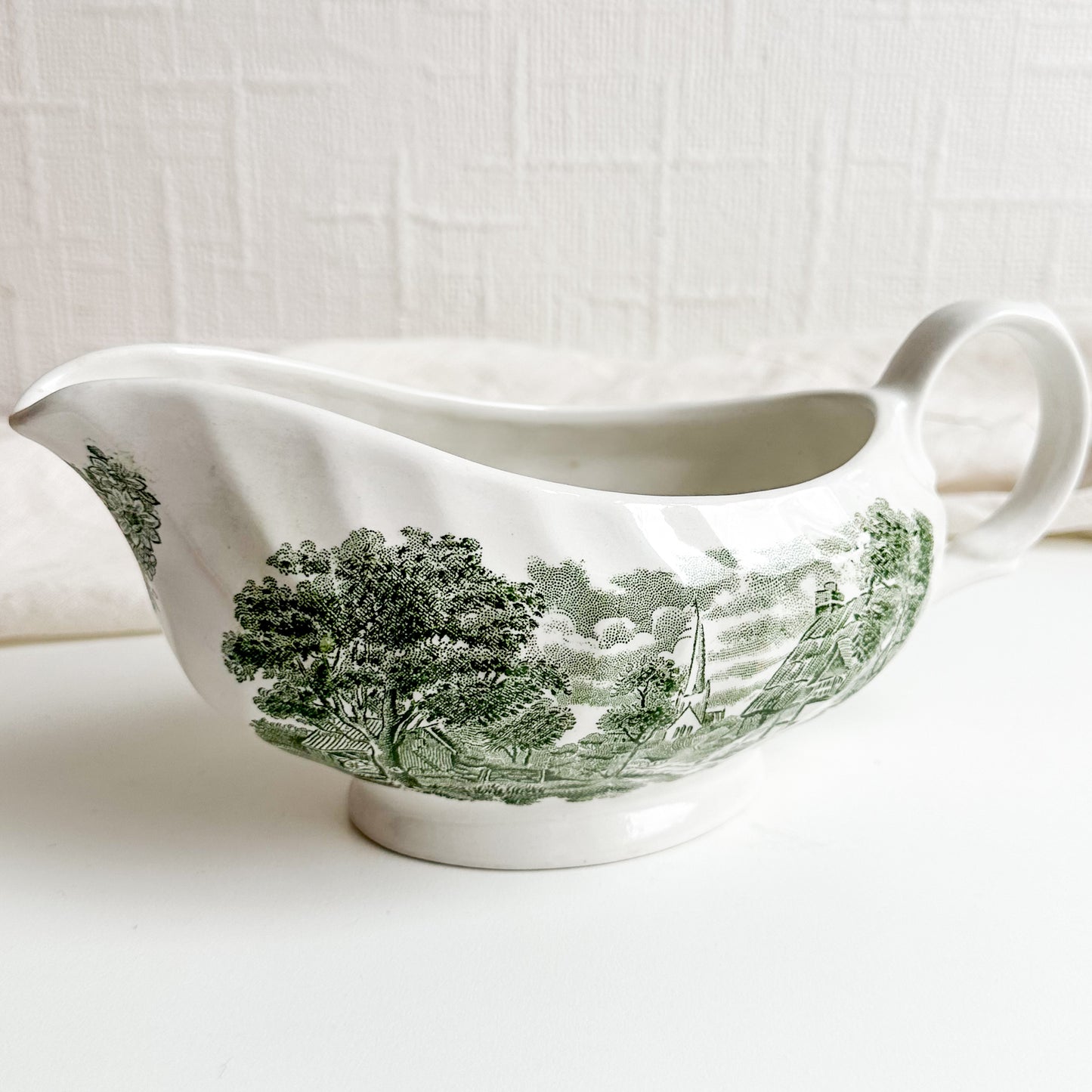 Green Transferware Gravy Boat