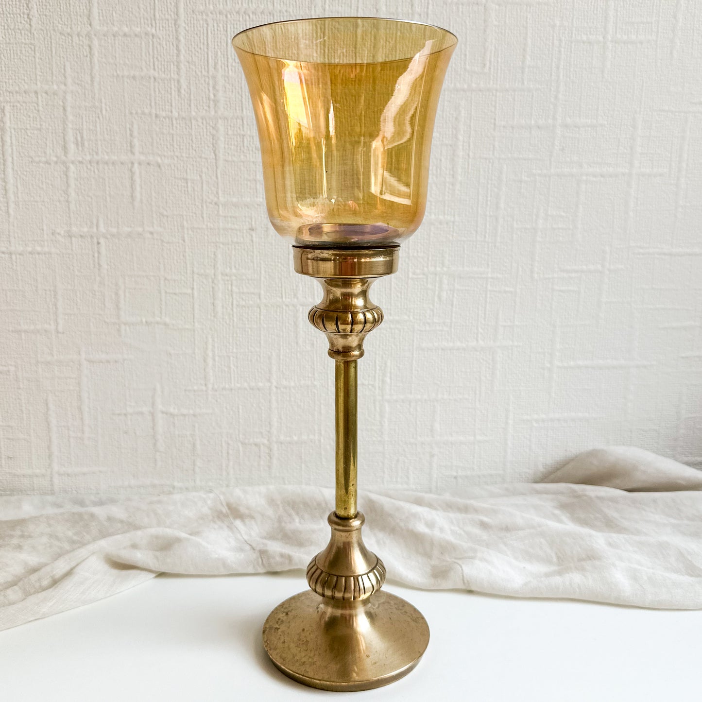 Tall Amber Glass and Brass Candle Holder